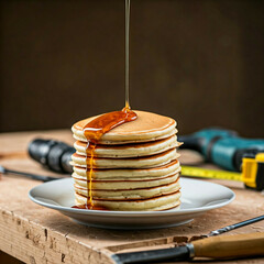 delicious golden brown pancakes drizzled with syrup on rustic wooden tabletop