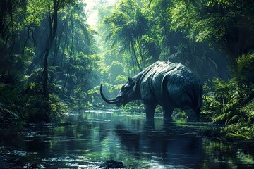 Fototapeta premium Prehistoric Rhino Wading Through Lush Jungle River