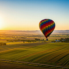 Obraz premium hot air balloon soaring over lush green farmland at sunrise