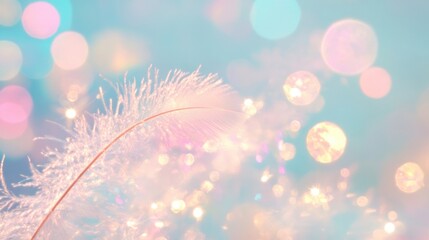 Delicate white feathers softly glow under warm light, surrounded by a swirl of pastel bokeh, creating a serene and enchanting ambiance