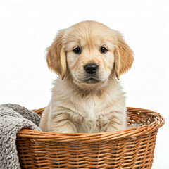 cute golden retriever puppy sitting in a wicker basket  looking at the camera with a sad expression  isolated on white background