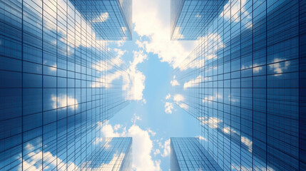 A wide-angle view of modern skyscrapers with glass facades, creating an illusion that the sky is within their outline