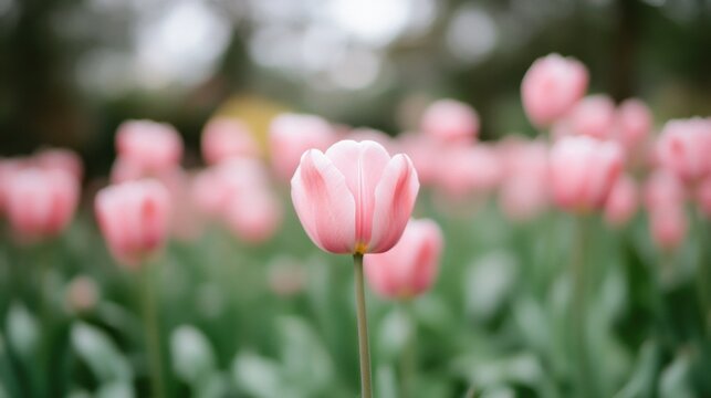 Celebration of the spring equinox showcases beautiful pink tulips in full bloom against a lush garden backdrop