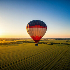 hot air balloon over green fields during sunset