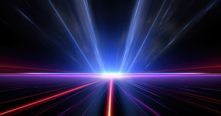 A vibrant, abstract representation of light beams converging in a cosmic scene.