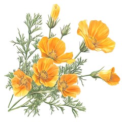 Vibrant Bouquet of California Poppies A Watercolor Illustration of Bright Orange Flowers and Green Foliage.
