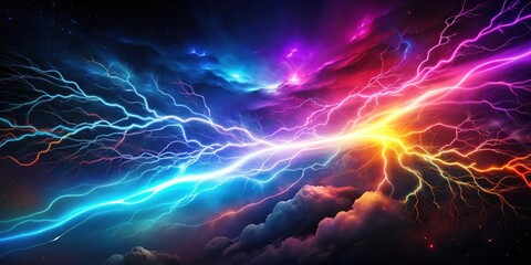 Clashing Cosmic Energies A vibrant display of multicolored lightning bolts across a dark, cloudy expanse.
