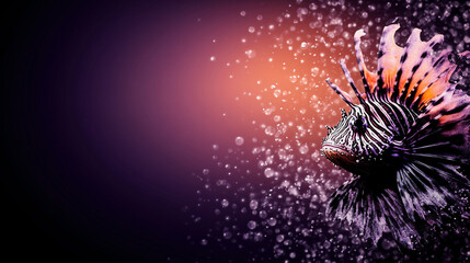 bioluminescent lionfish glows in deep ocean, surrounded by bubbles and vibrant colors, creating mesmerizing underwater scene