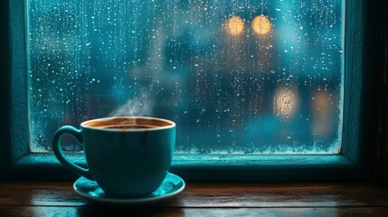 Obraz premium A steaming cup of coffee sits by a rainy window
