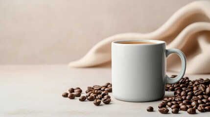 Minimal coffee idea. A serene coffee scene featuring a white mug, steaming coffee, and scattered coffee beans.