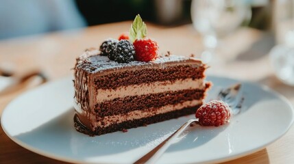 Delicious Chocolate Cake Slice Topped With Berries