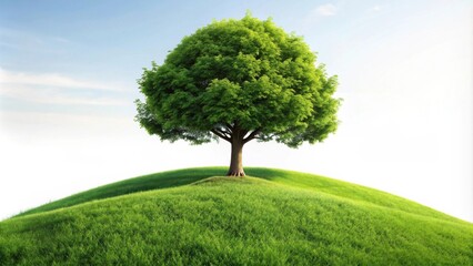 Fototapeta premium A single, lush green tree stands majestically atop a gently rolling grassy hill against a serene, bright sky.