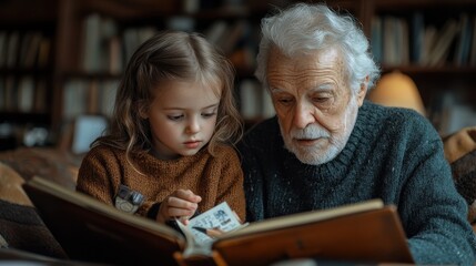 Child and grandparent bonding over a stamp collection in a cozy room