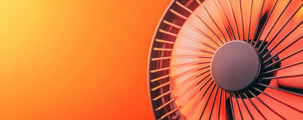 close up of spinning fan inside heat pump, showcasing its intricate design and motion. vibrant orange background adds warmth