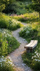 Serene Garden Path with Wooden Bench at Sunset