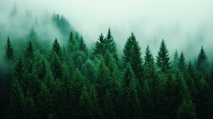 Fototapeta premium Misty forest landscape with tall evergreen trees