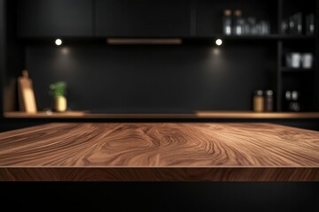 Dark wood kitchen counter, blurred background.