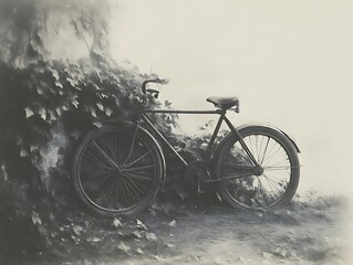 Obraz premium Old Bicycle Leaning Against Leafy Greenery
