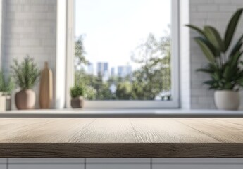 Empty wooden countertop with blurred city view background.