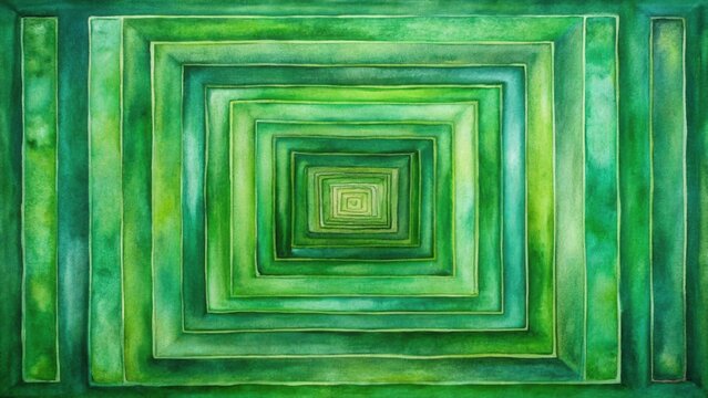 Abstract Watercolor Painting of Nested Squares in Shades of Green, Evoking a Sense of Depth and Perspective