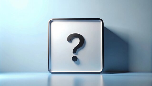 A Black Question Mark on a White Square Sign with a Dark Border, Isolated on a Light Blue Background