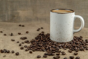 White Coffee Mug Surrounded by Fresh Coffee Beans on Jute Fabric Background, Capturing the Essence of Coffee Culture and Morning Rituals
