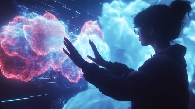A woman in a dimly lit environment interacts with a holographic cloud interface, symbolizing advanced technology, cloud computing, and data visualization in a futuristic setting