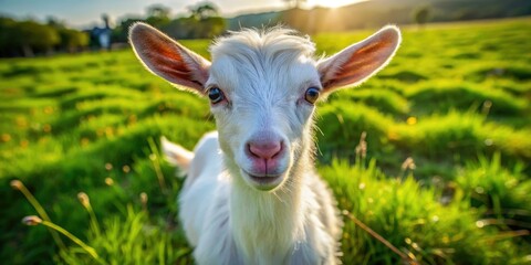 Obraz premium Aerial drone shot: a charming baby goat frolics in a vibrant green pasture.