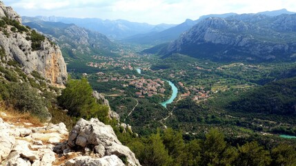 Mountain Valley Village River Landscape View