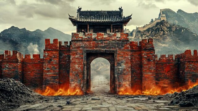A fiery ancient fortress gate set against dramatic mountains.