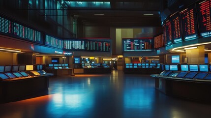 A serene, empty stock floor after hours, dimmed lights, glowing monitors showing after-hours trading 