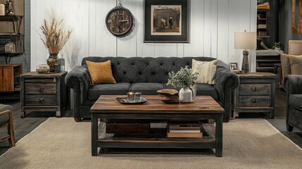 Dark gray tufted sofa with wooden coffee table and end tables in rustic living room.