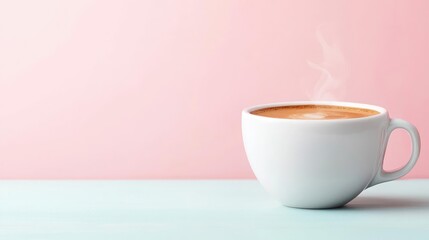 Minimal coffee concept. A steaming cup of coffee on a pastel background, perfect for cozy moments.