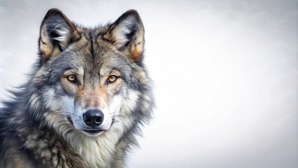 Fototapeta premium Majestic Wolf Portrait A Close-Up of a Grey Wolf's Intense Gaze Against a Soft, White Background