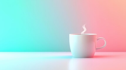 Minimal coffee concept. A minimalistic white cup with steaming hot beverage against a colorful gradient background.