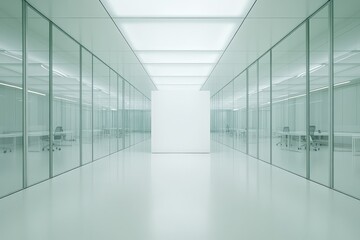 Modern minimalist glass office hallway with bright lighting and blank wall.