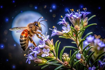 Naklejka premium Nighttime nature in stunning 4K: bees dance among fragrant rosemary, a captivating display.