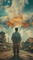 Serene Figure Contemplating Colorful Urban Scene Under Dramatic Sky