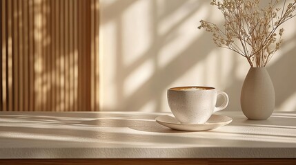 Obraz premium Minimal coffee concept. A serene coffee cup setting with soft lighting and minimalist decor.