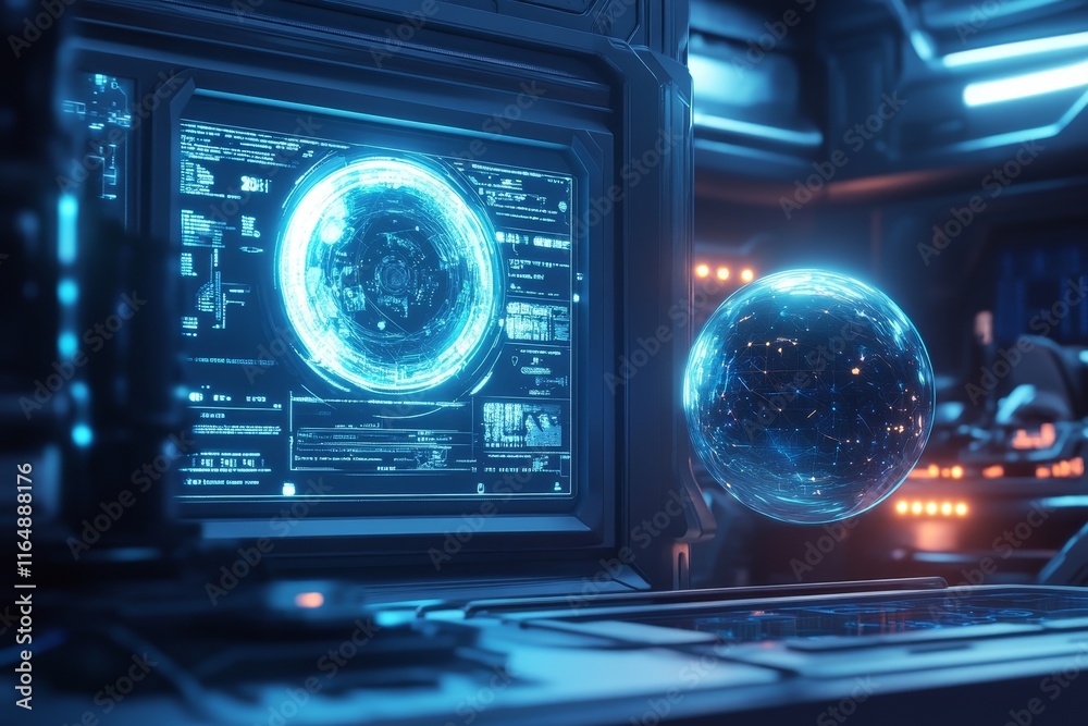Poster Futuristic control room with holographic globe and advanced digital interface.