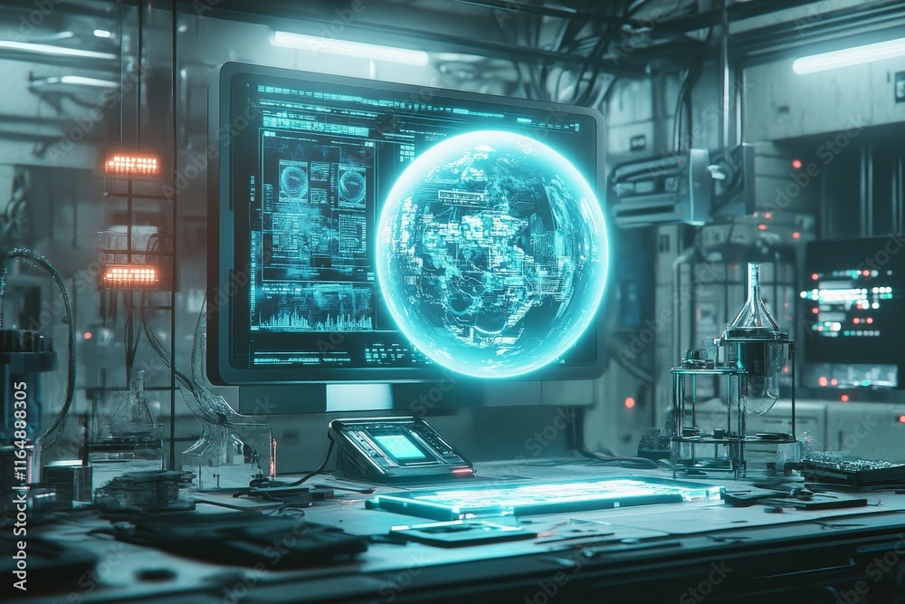 Poster Futuristic lab with holographic Earth on monitor displaying data.