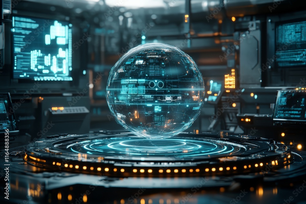 Poster Futuristic globe hologram on a digital platform in a high-tech control room.