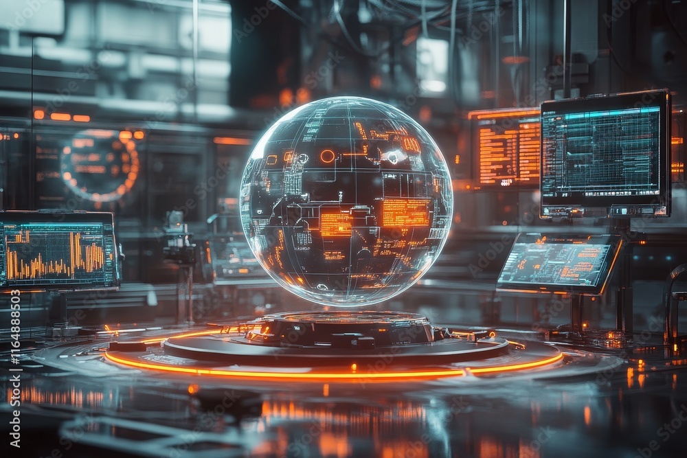 Aufkleber Futuristic holographic globe displayed on a technological platform in a high-tech laboratory.