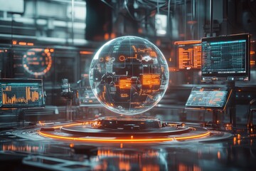 Obraz premium Futuristic holographic globe displayed on a technological platform in a high-tech laboratory.