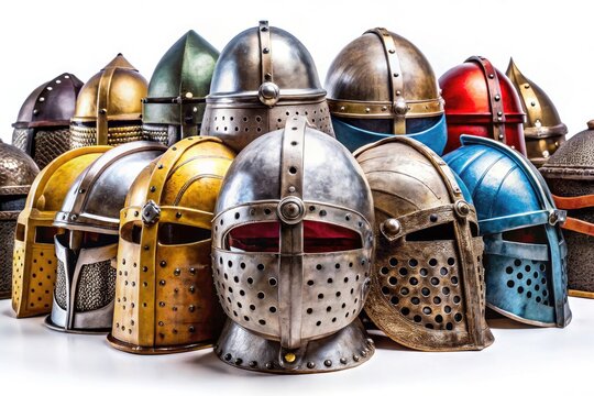 Showcase of authentic medieval helmets; historical armor, pristine white background.