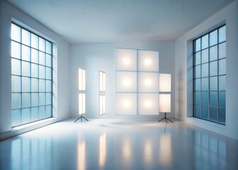 Fototapeta premium Studio-shot frosted glass window. Six-pane design beautifully illuminated, showcasing translucent detail. Product image.