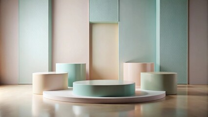 Pastel Cylinders on a Platform Against a Textured Wall