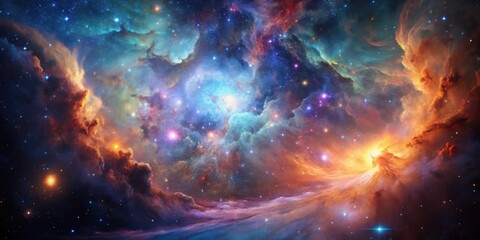 A vibrant cosmic landscape showcasing nebulae in stunning hues of orange, blue, and purple, with scattered stars illuminating the celestial scene.