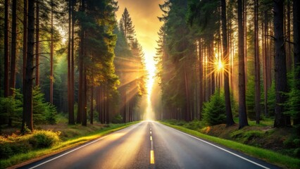 Sunlit Road Through a Misty Forest at Sunrise