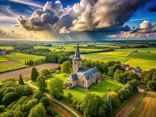 Fototapeta premium Tranquil Dutch landscape: Wanswert Church's aerial view, cloudy skies, peaceful scene.